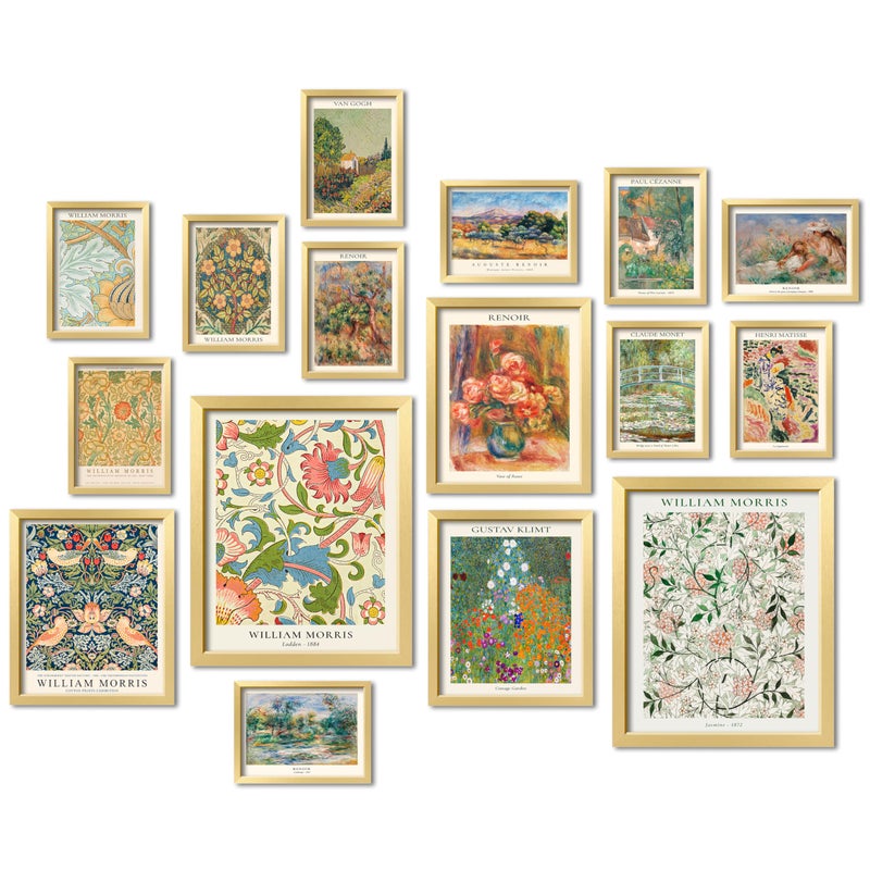 ANERZA 16 PCS Gold Framed Vintage Eclectic Wall Art Decor, William Morris Wall Prints for Bedroom, Gallery Wall Frame Set, Posters for Living Room Aesthetic, Collage Kit, Colorful Dorm Home Artwork - Image 1