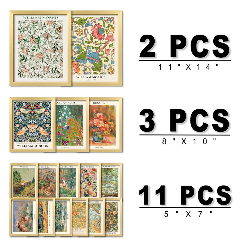 ANERZA 16 PCS Gold Framed Vintage Eclectic Wall Art Decor, William Morris Wall Prints for Bedroom, Gallery Wall Frame Set, Posters for Living Room Aesthetic, Collage Kit, Colorful Dorm Home Artwork - Image 2