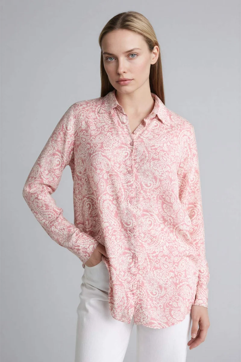 ديفاكتو Loose Fit Shirt Collar Printed Long Sleeve Tunic