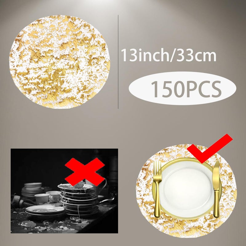 GetFeeds 150PCS Gold Foil Placemats Disposable - 13 Inch Round Metallic Table Runner Set, Pressed Paper Doilies for Wedding Birthday Party Christmas Dining Decor (Golden Chargers Style) - Image 3