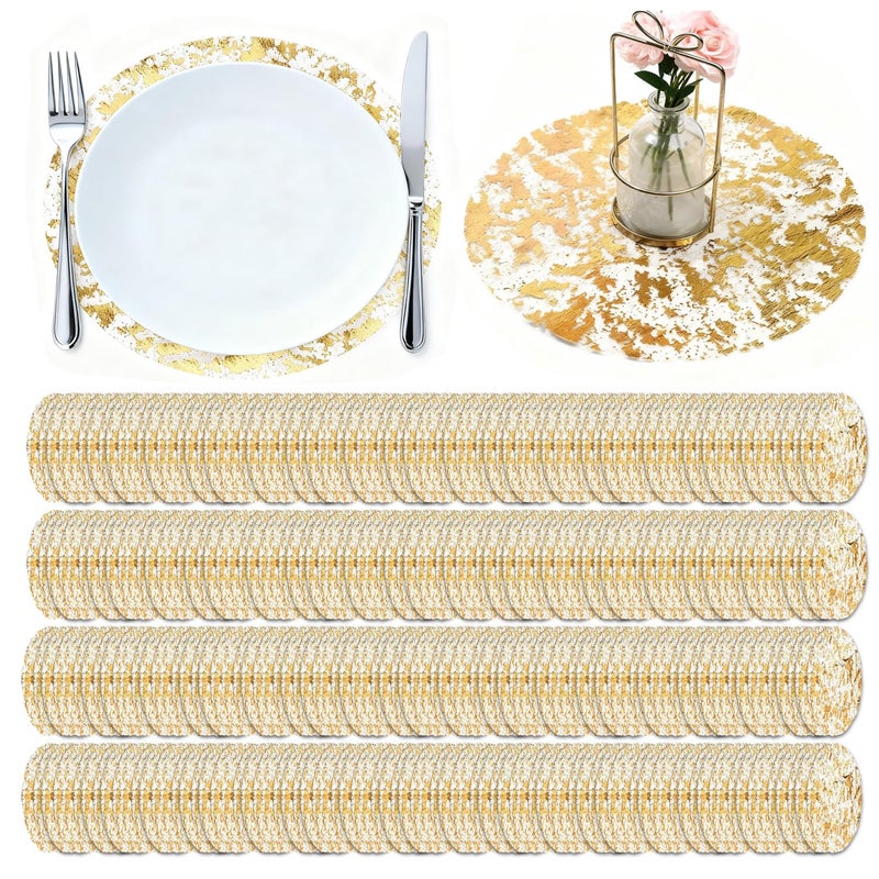 GetFeeds 150PCS Gold Foil Placemats Disposable - 13 Inch Round Metallic Table Runner Set, Pressed Paper Doilies for Wedding Birthday Party Christmas Dining Decor (Golden Chargers Style) - Image 1