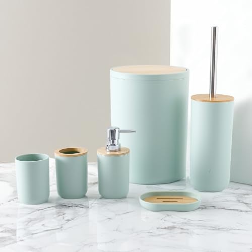 UMAI 6 Piece Bathroom Accessories Set with Round Cover | Soap Dispenser(650ml), Toothbrush Holder, Mouth Wash Cup, Toilet Brush Holder & Dustbin(7L) | Soap Dispenser for Bathroom | Green - Image 1