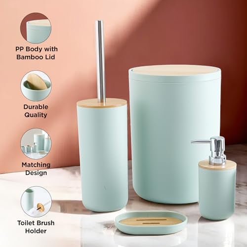 UMAI 6 Piece Bathroom Accessories Set with Round Cover | Soap Dispenser(650ml), Toothbrush Holder, Mouth Wash Cup, Toilet Brush Holder & Dustbin(7L) | Soap Dispenser for Bathroom | Green - Image 4