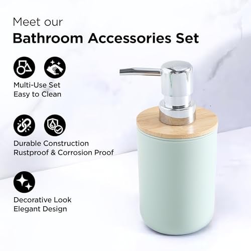 UMAI 6 Piece Bathroom Accessories Set with Round Cover | Soap Dispenser(650ml), Toothbrush Holder, Mouth Wash Cup, Toilet Brush Holder & Dustbin(7L) | Soap Dispenser for Bathroom | Green - Image 3