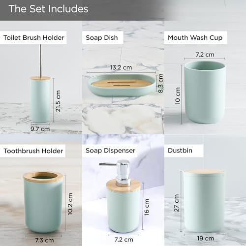 UMAI 6 Piece Bathroom Accessories Set with Round Cover | Soap Dispenser(650ml), Toothbrush Holder, Mouth Wash Cup, Toilet Brush Holder & Dustbin(7L) | Soap Dispenser for Bathroom | Green - Image 5