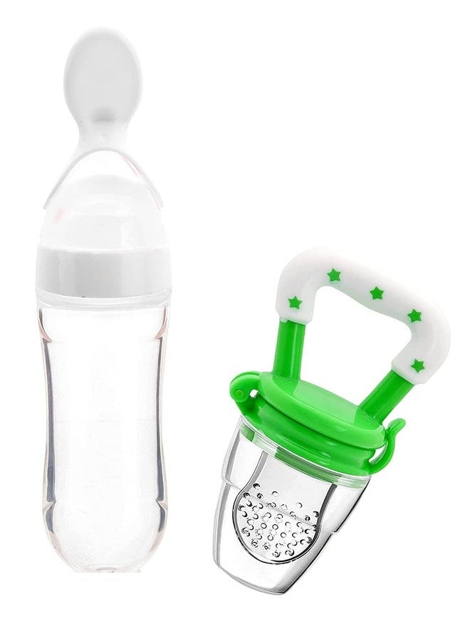 Lappu Baby Rice Paste Milk Cereal Bottle Food Feeder & Baby Fruit Nibbler (White-Green) - Image 1