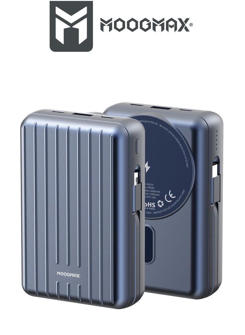 MOOGMAX 20000mAh Trunk series magnetic wireless power bank  22.5W super-charging, two built-in cables with 15W wireless charging, 3 external ports 1 Type-C and 1 Type-A, and a Lightning port. Blue  - Image 2