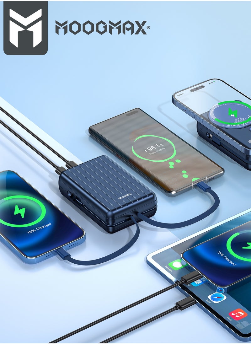 باور بنك لاسلكي مغناطيسي من سلسلة trunk بسعة 20000mAh والجهد 22.5W فائق الشحن وكبلان مدمجان مع شحن لاسلكي بجهد 15 واط و 3 منافذ خارجية 1 Type-c و 1 Type-A ومنفذ لايتنينج(ايفون) لشحن الباوربنك. أزرق