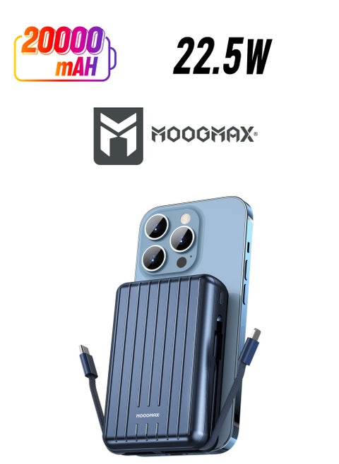 باور بنك لاسلكي مغناطيسي من سلسلة trunk بسعة 20000mAh والجهد 22.5W فائق الشحن وكبلان مدمجان مع شحن لاسلكي بجهد 15 واط و 3 منافذ خارجية 1 Type-c و 1 Type-A ومنفذ لايتنينج(ايفون) لشحن الباوربنك. أزرق