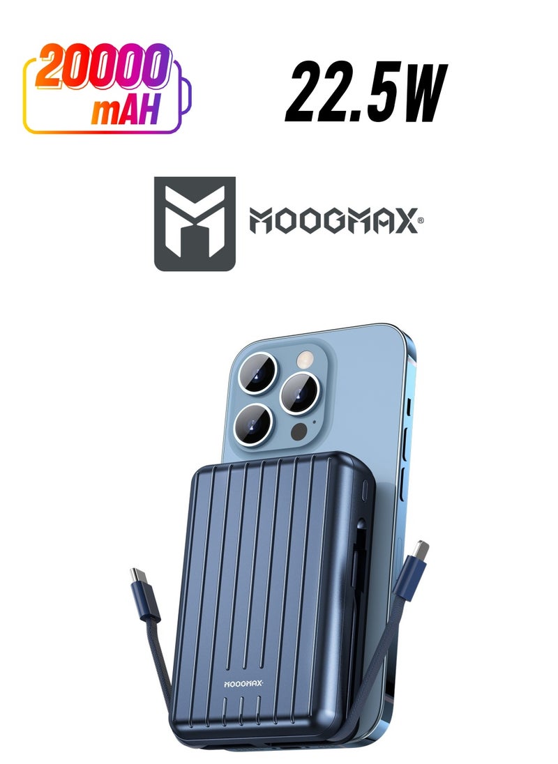MOOGMAX 20000mAh Trunk series magnetic wireless power bank  22.5W super-charging, two built-in cables with 15W wireless charging, 3 external ports 1 Type-C and 1 Type-A, and a Lightning port. Blue  - Image 1