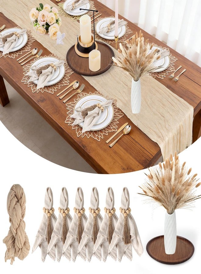 BORISI 85 Pcs Boho Table Runner Set, Cheesecloth Table Runner, Round Wooden Candle Plate, 6 Cloth Napkins, 6 Wooden Bead Napkin Rings, 70 PCS Dried Pampas Grass Decor and White Vase for Kitchen Table Decor - Image 1