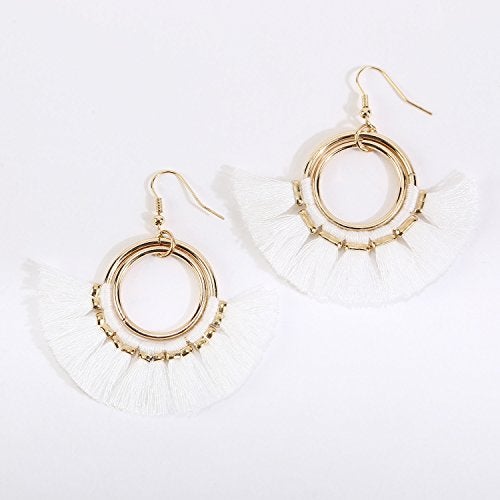 BaubleStar Fan Tassel Hoop Earrings Dangle White Fringe Drop Thread Tiered Layered Earring for Women Boho Bohemia - Image 4