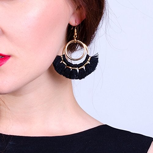 BaubleStar Fan Tassel Hoop Earrings Dangle White Fringe Drop Thread Tiered Layered Earring for Women Boho Bohemia - Image 5