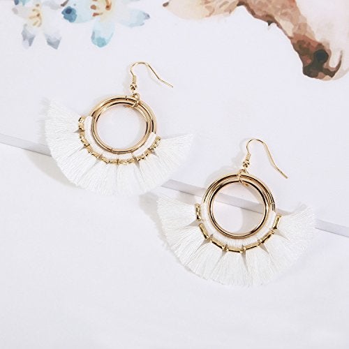 BaubleStar Fan Tassel Hoop Earrings Dangle White Fringe Drop Thread Tiered Layered Earring for Women Boho Bohemia - Image 3