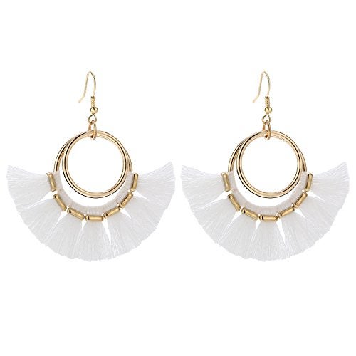 BaubleStar Fan Tassel Hoop Earrings Dangle White Fringe Drop Thread Tiered Layered Earring for Women Boho Bohemia - Image 1