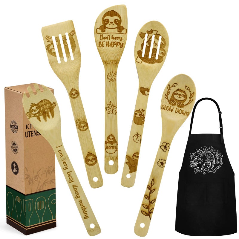 Sloth Gifts for Women Kitchen Cooking Utensils Set include Unique Bamboo Cooking Spoons Apron Personalized Christmas Mothers Day Housewarming Gift Idea for Mom