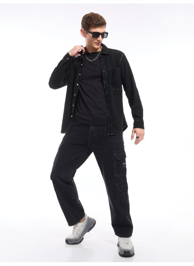 Beyoung - Black Contrast Stitch Men's Denim Shirt - Image 1