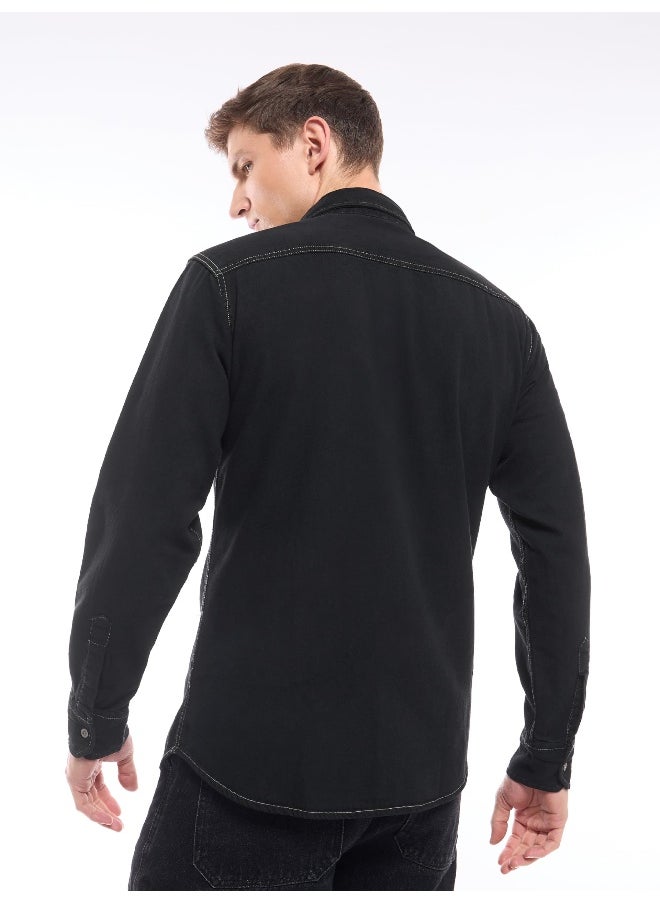 Beyoung - Black Contrast Stitch Men's Denim Shirt - Image 1