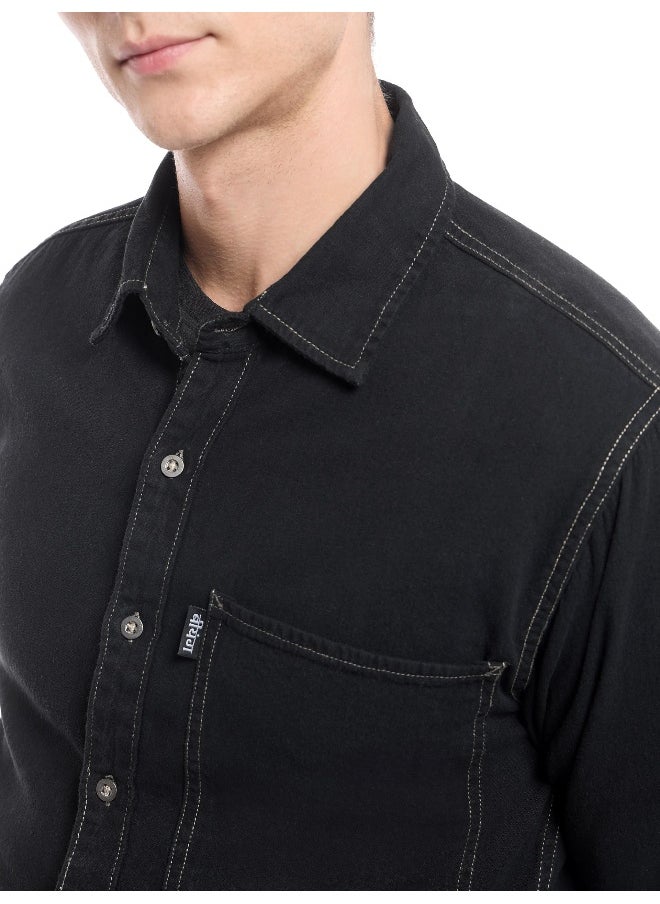 Beyoung - Black Contrast Stitch Men's Denim Shirt - Image 1