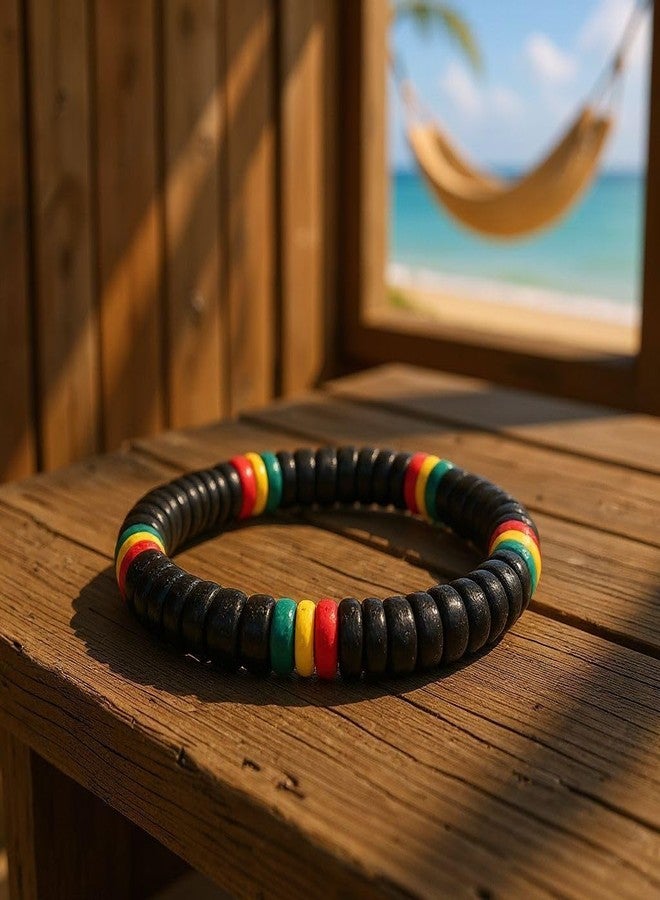 BlueRica Rasta Style Coconut Shell Beaded Stretch Bracelet (Black) - Image 2