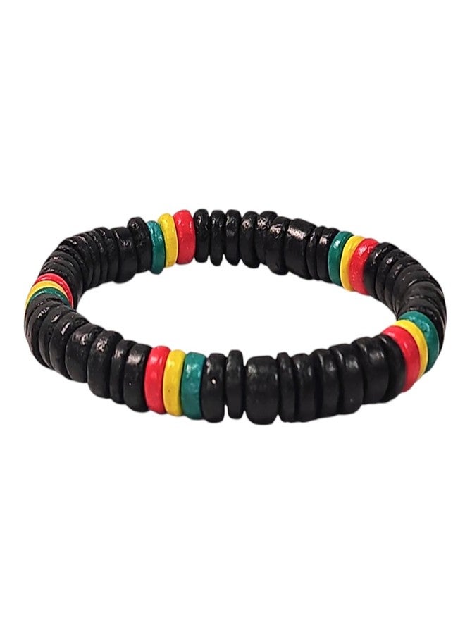 BlueRica Rasta Style Coconut Shell Beaded Stretch Bracelet (Black) - Image 1