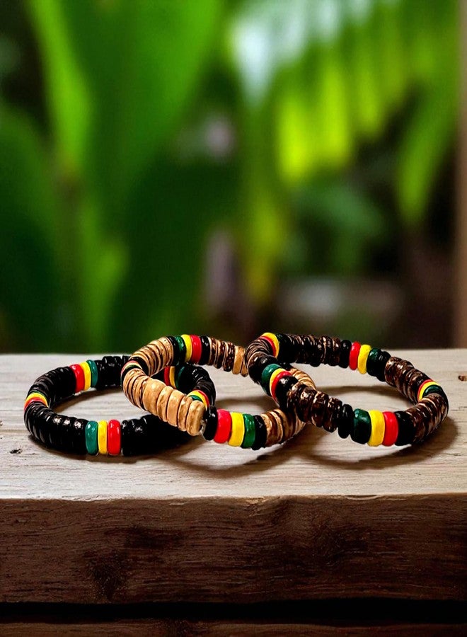 BlueRica Rasta Style Coconut Shell Beaded Stretch Bracelet (Black) - Image 4