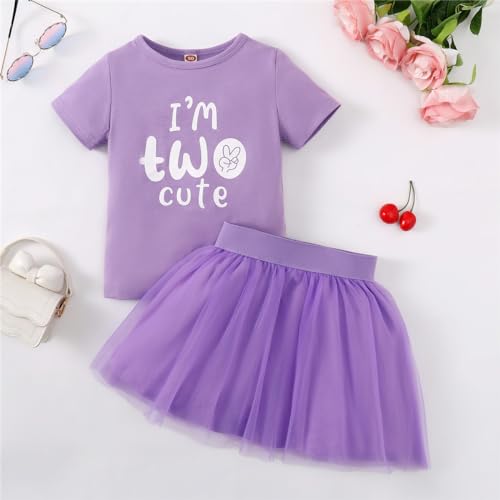 CPEI Toddler Girl 2nd Birthday Outfits,Im Two Cute Shirt+Tutu Skirt,Girl 2 Years Old Birthday Clothes (Purple, 2T) - Image 2