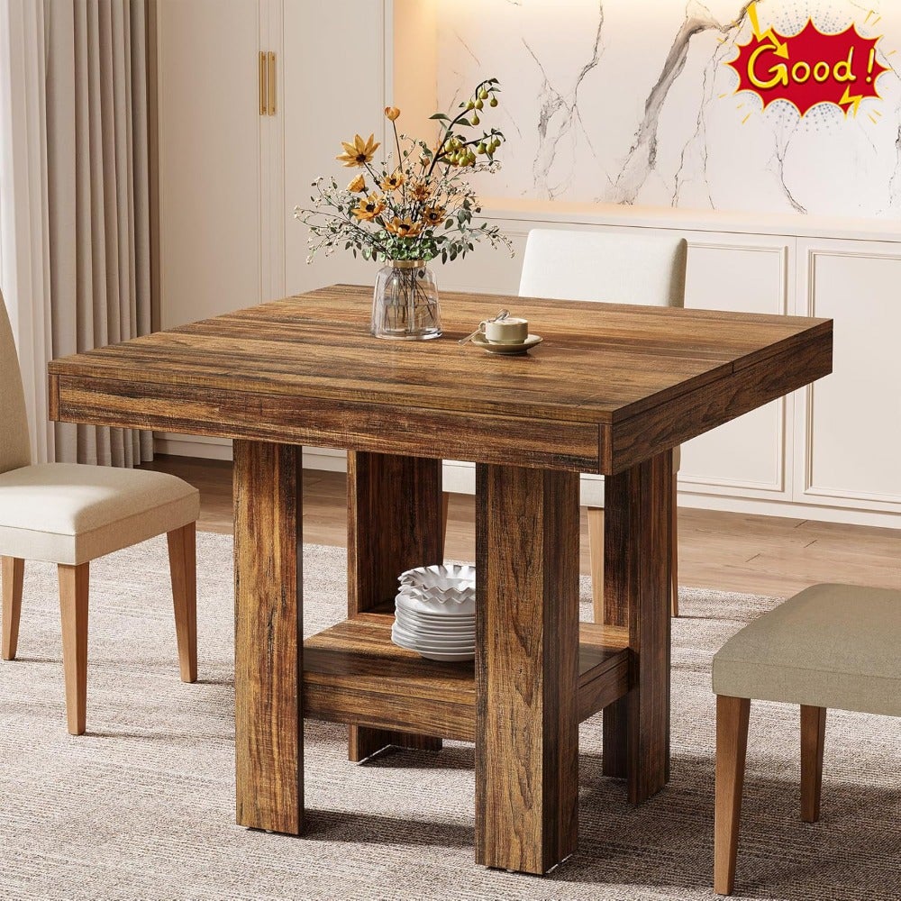 80CM Square Dining Table for 4, Small Kitchen Table with Shelf Storage, Compact Dining Room Furniture for Apartments, Offices, Living Rooms, Restaurants, Brown