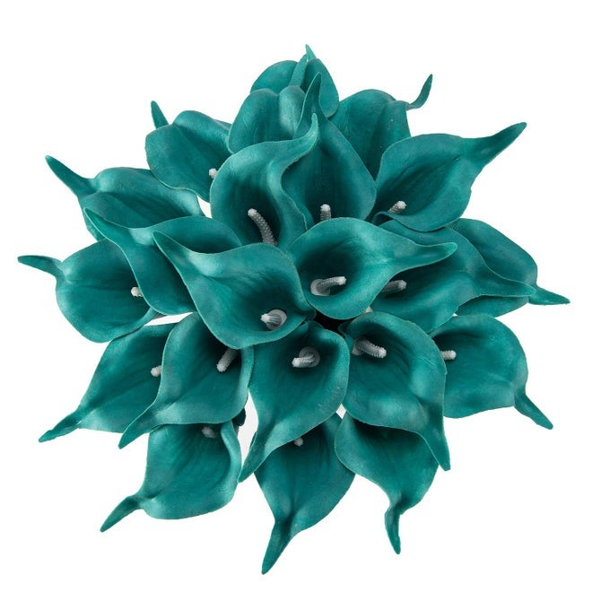 22PCS 134 INCH PEACOCK BLUE LATAEX REAL TOUCH ARTIFICIAL CALLA LILY FLOWERS FOR HOME DECOR FOR SPRING FLOWERS HOME KITCHEN WEDDING DECORATIONS AND CENTERPIECES