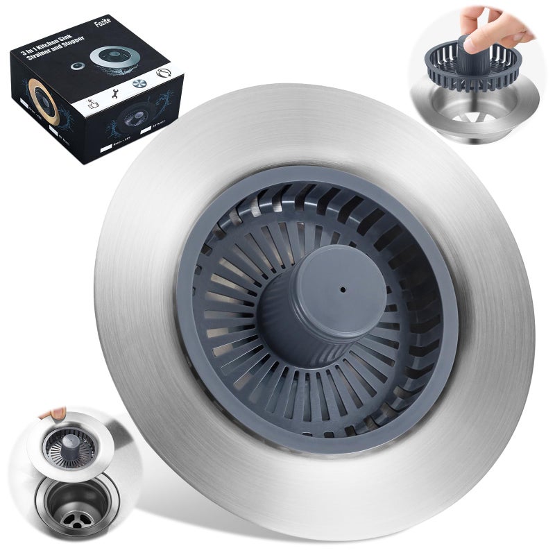 Fozite Upgraded 3-in-1 Kitchen Sink Drain Strainer, Stainless Steel Pop Up Kitchen Sink Stopper, Drain Plug for 3.5 Inch Sink Drain Hole, with Anti-Clogging Sink Strainer Basket Filter, Brushed Silver - Image 1