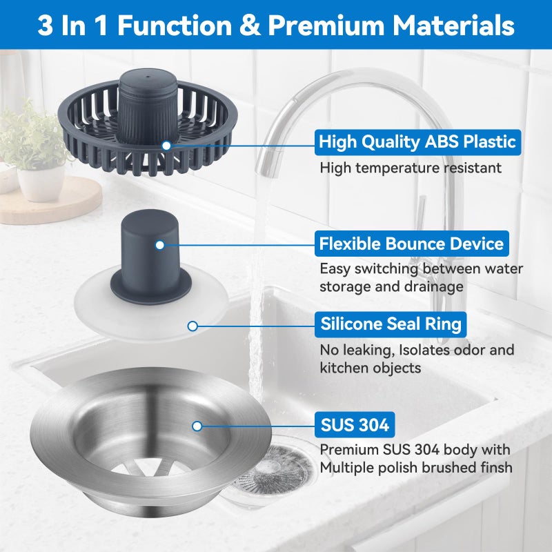Fozite Upgraded 3-in-1 Kitchen Sink Drain Strainer, Stainless Steel Pop Up Kitchen Sink Stopper, Drain Plug for 3.5 Inch Sink Drain Hole, with Anti-Clogging Sink Strainer Basket Filter, Brushed Silver - Image 2