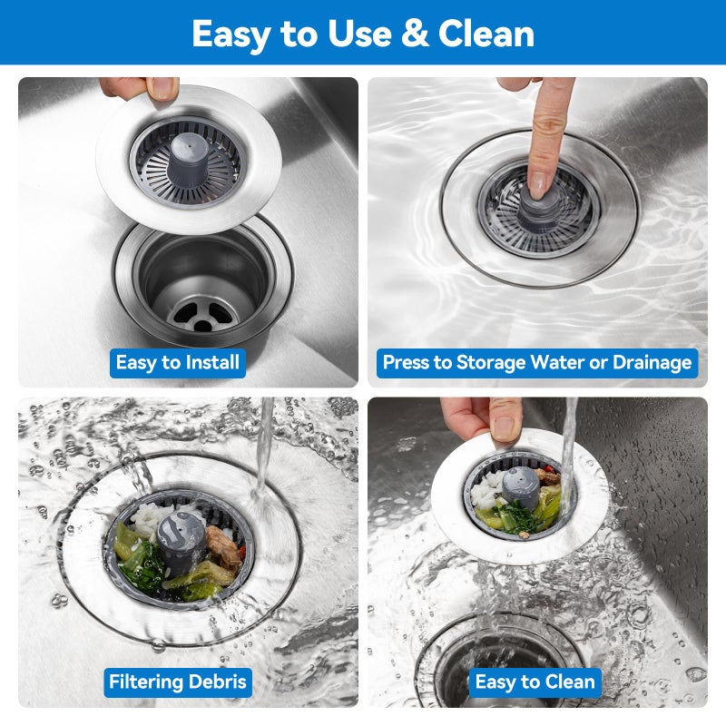 Fozite Upgraded 3-in-1 Kitchen Sink Drain Strainer, Stainless Steel Pop Up Kitchen Sink Stopper, Drain Plug for 3.5 Inch Sink Drain Hole, with Anti-Clogging Sink Strainer Basket Filter, Brushed Silver - Image 4
