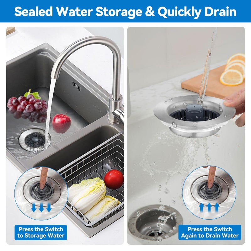 Fozite Upgraded 3-in-1 Kitchen Sink Drain Strainer, Stainless Steel Pop Up Kitchen Sink Stopper, Drain Plug for 3.5 Inch Sink Drain Hole, with Anti-Clogging Sink Strainer Basket Filter, Brushed Silver - Image 5