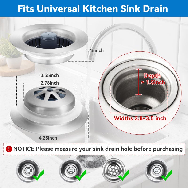 Fozite Upgraded 3-in-1 Kitchen Sink Drain Strainer, Stainless Steel Pop Up Kitchen Sink Stopper, Drain Plug for 3.5 Inch Sink Drain Hole, with Anti-Clogging Sink Strainer Basket Filter, Brushed Silver - Image 3