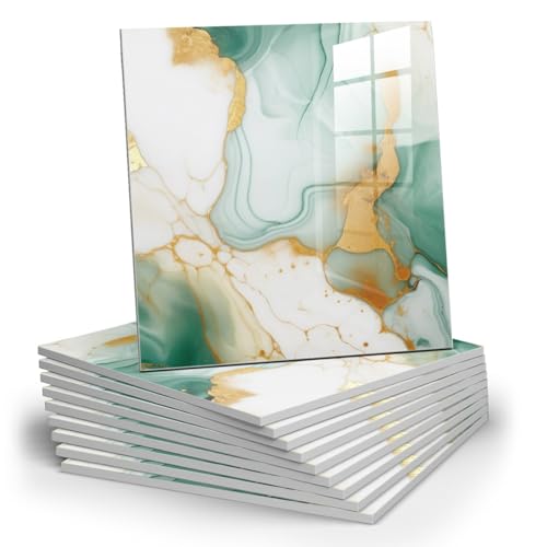 Chejiaye 10pcs Marble Peel and Stick Backsplash Waterproof Washroom Wall Panels, Peel and Stick Tile, PVC Foam Wall Panels for Kitchen,Bathroom,Living Room,Green and Gold(Not Real Tile,11.8" x 11.8") - Image 1
