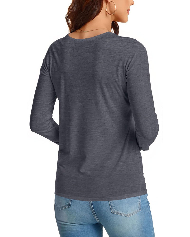 rosemia Long Sleeve Shirts for Women Basic Crew Neck Fall Tops Casual Fit T Shirts, Black Grey, L - Image 4