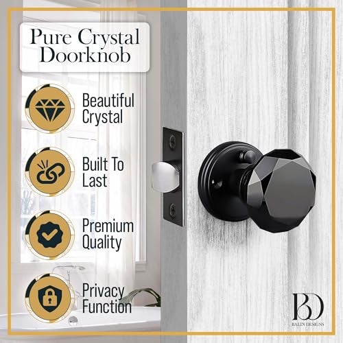 Balin Designs Black Crystal Door Knob with Lock, Glass Door Knobs Interior Privacy Set, Vintage Decorative Antique Style Handle for Bedroom, Bathroom, Closet, 1 Pack - Image 3