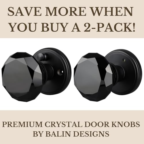 Balin Designs Black Crystal Door Knob with Lock, Glass Door Knobs Interior Privacy Set, Vintage Decorative Antique Style Handle for Bedroom, Bathroom, Closet, 1 Pack - Image 2