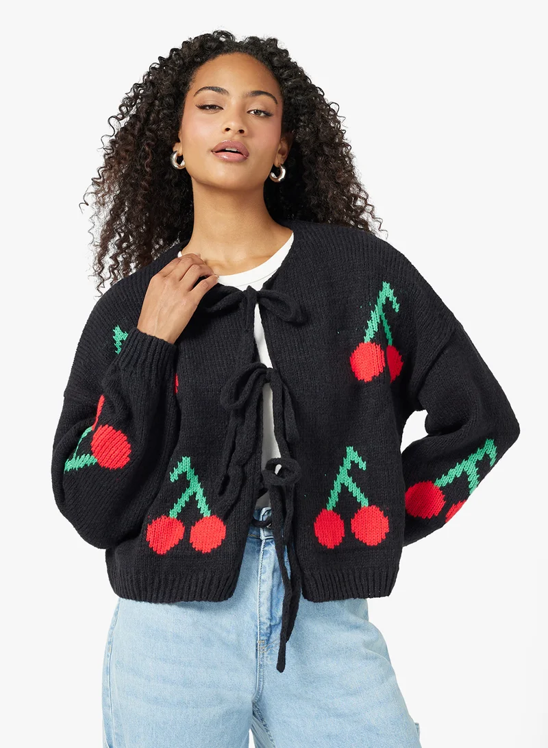 جينجر Cherry Bow Tie Detail Cardigan