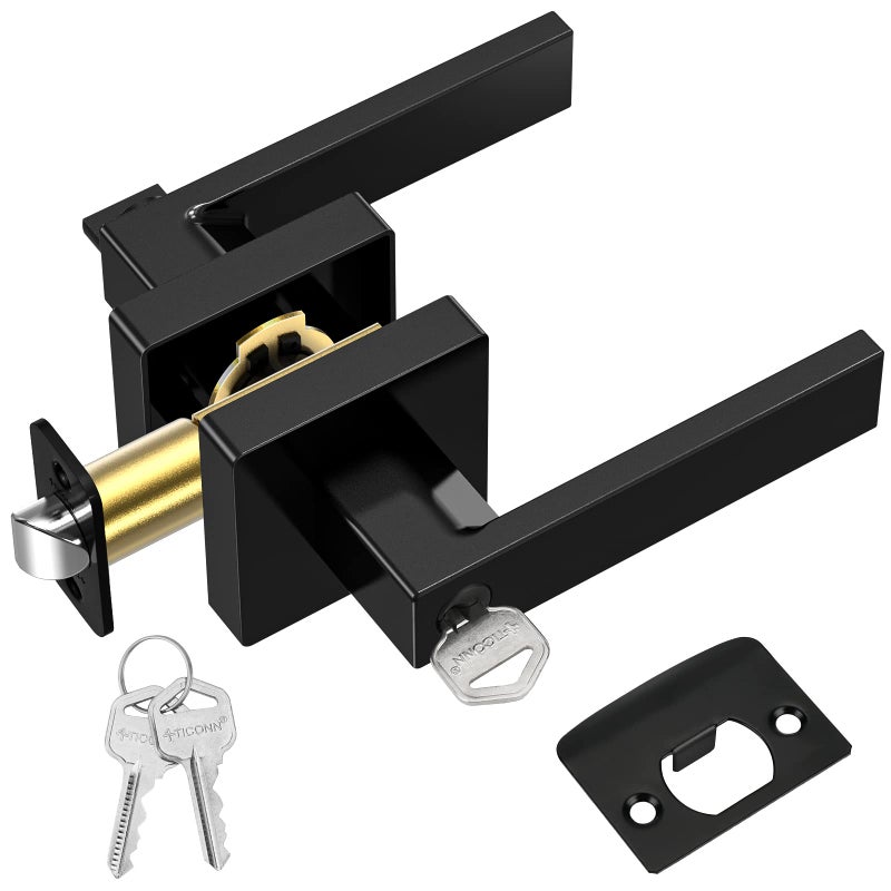 TICONN Matte Black Door Handle Heavy Duty Reversible Square Door Lever for Bedroom Bathroom Rooms Keyed Entry Not Keyed Alike 1 Pack