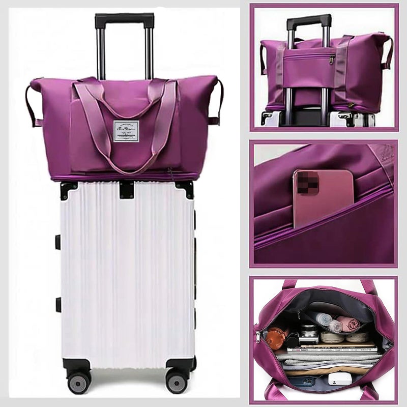 DOJUNS Large Capacity Folding Travel Bag, Lightweight Waterproof Luggage Bag, Expandable Travel Duffel Bag, Dry Wet Separated Gym Tote Bag, Weekender Overnight Bags for Women and Man (Fuchsia) - Image 4