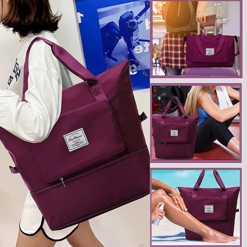 DOJUNS Large Capacity Folding Travel Bag, Lightweight Waterproof Luggage Bag, Expandable Travel Duffel Bag, Dry Wet Separated Gym Tote Bag, Weekender Overnight Bags for Women and Man (Fuchsia) - Image 2