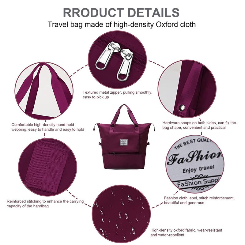 DOJUNS Large Capacity Folding Travel Bag, Lightweight Waterproof Luggage Bag, Expandable Travel Duffel Bag, Dry Wet Separated Gym Tote Bag, Weekender Overnight Bags for Women and Man (Fuchsia) - Image 5
