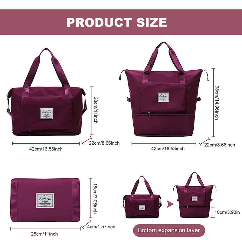 DOJUNS Large Capacity Folding Travel Bag, Lightweight Waterproof Luggage Bag, Expandable Travel Duffel Bag, Dry Wet Separated Gym Tote Bag, Weekender Overnight Bags for Women and Man (Fuchsia) - Image 3