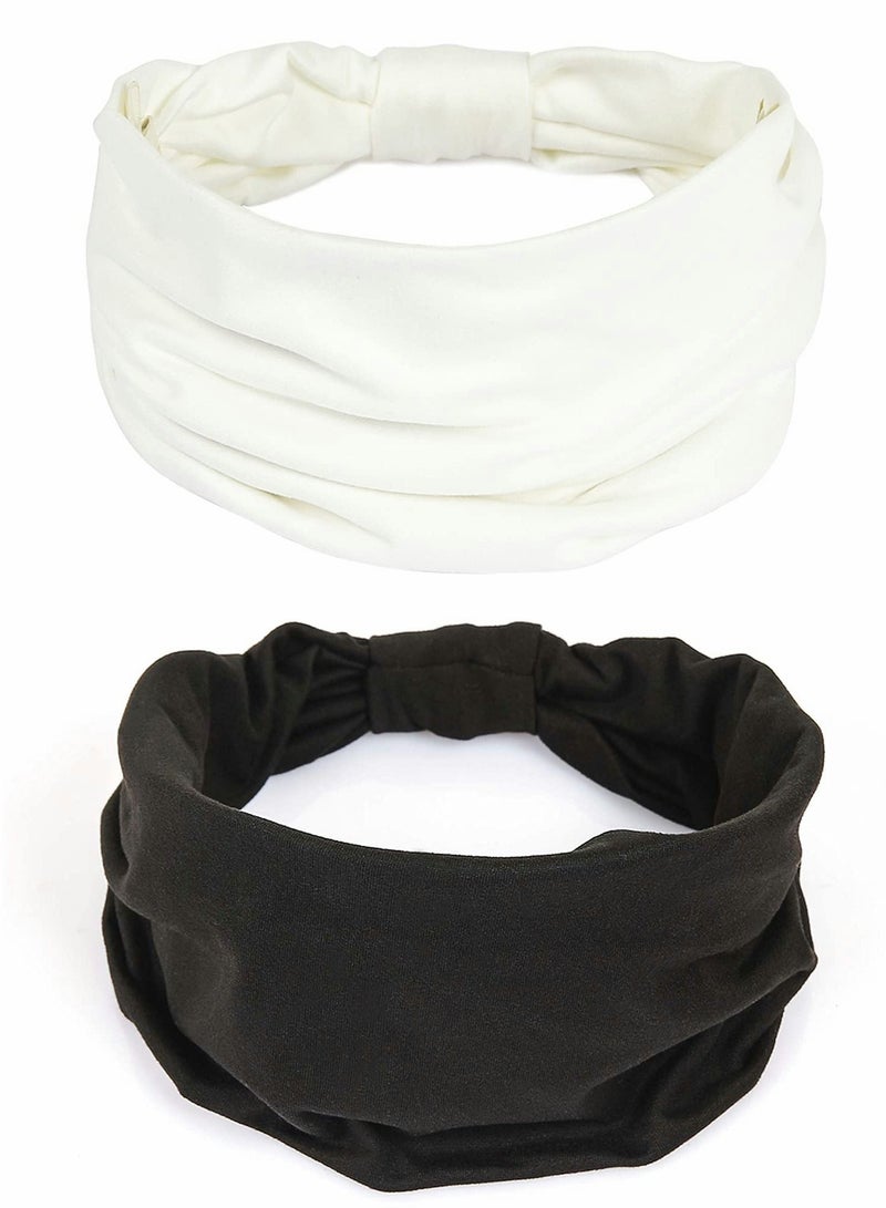 إسكدنيا 2 Pack Wide Headbands for Women, Boho Knotted Sweat on-Slip Fashion Hair Bands, Head Wraps Elastic Soft Cotton Cloth Turbans Bandana Yoga, Running, Sport - Image 1
