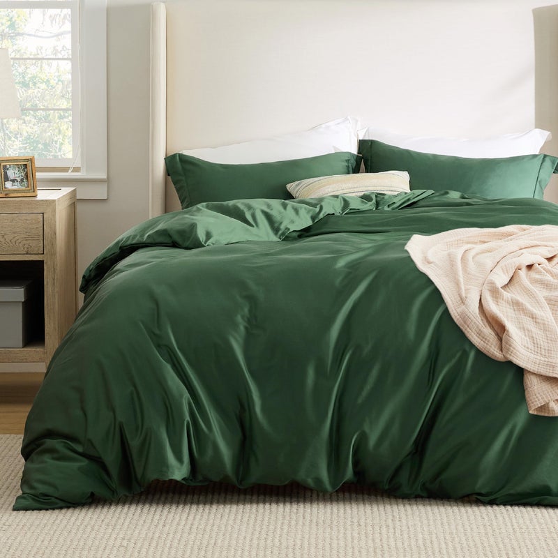 Bedsure Duvet Cover Queen - Moisture Wicking and Silky Eucalyptus Lyocell Cotton Hybrid Comforter Cover Set for Hot Sleeper - Buttery Soft and Breathable, Cooling Bedding Set, Forest Green - Image 1