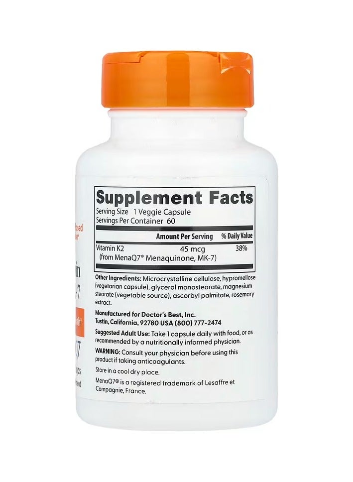 Doctor's BEST Natural Vitamin K2 MK-7 , 45 mcg, 60 Veggie Caps - Image 2