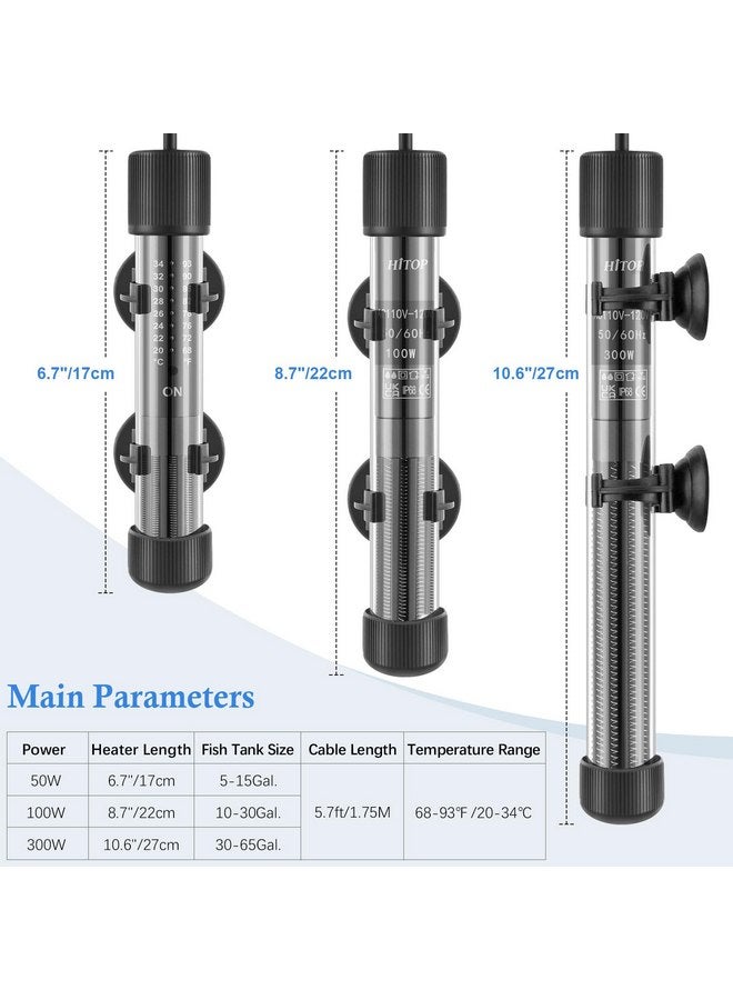 HITOP Thickened Glass Aquarium Heater: 50W 100W 300W Upgraded Fish Tank Heater with Controller, Fish Tank Thermostat Heater for Seawater/Fresh Water 5-65Gal - Image 2
