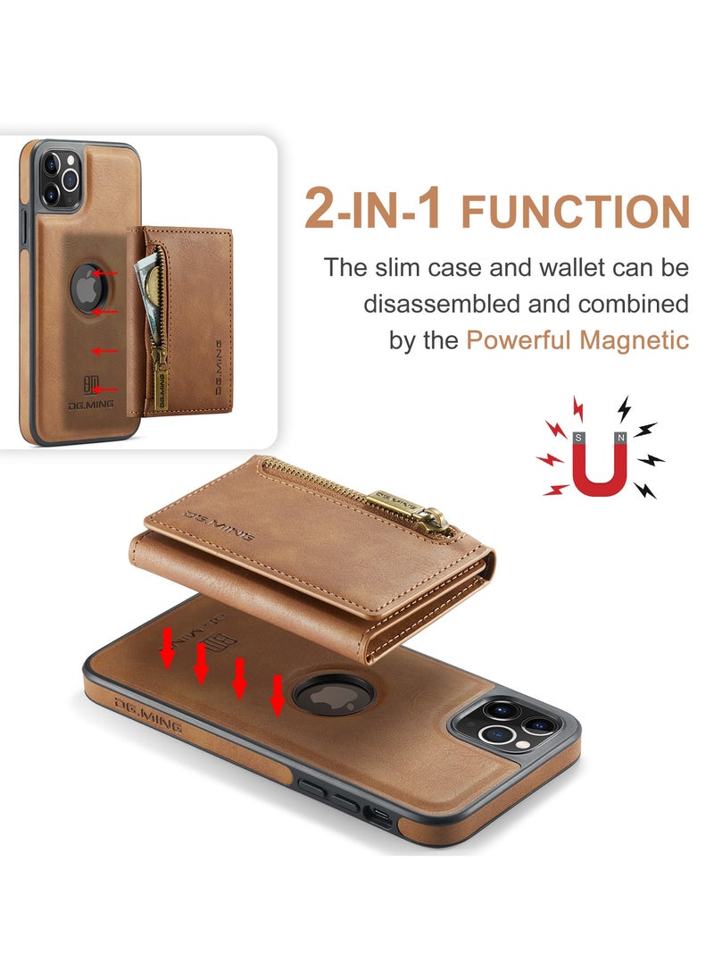 DGMING - CaseMe Wallet Case for iPhone 12 Pro MAX DGMING Premium Leather Phone Case Back Cover Magnetic Detachable with Trifold Wallet Card Holder Pocket - Brown - Image 1