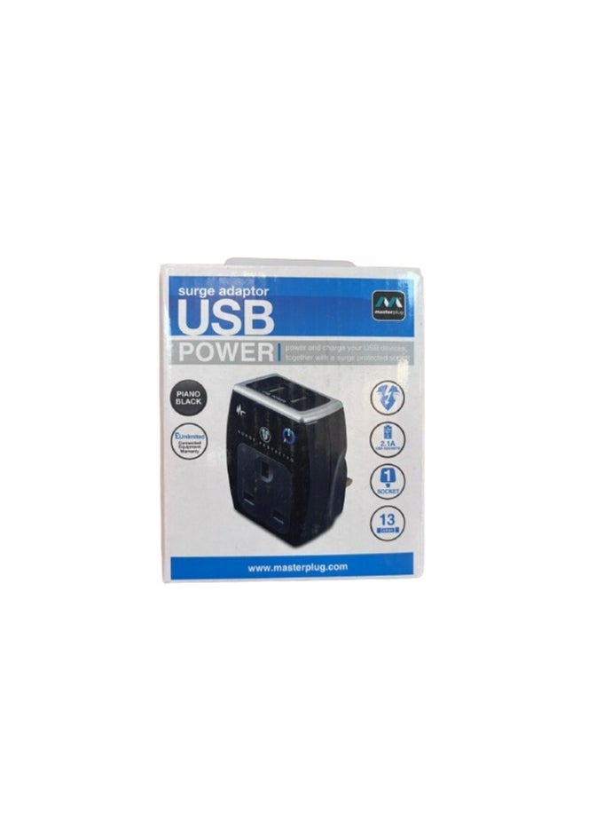 MASTERPLUG - Masterplug Single Socket Surge Adaptor with USB Power - Image 1
